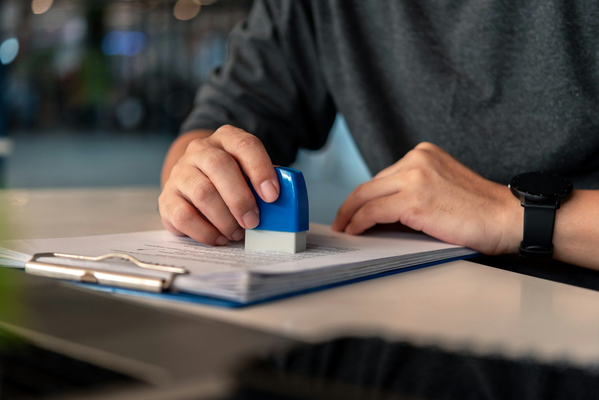 Contract law or paper work business and finance document rubber stamp.